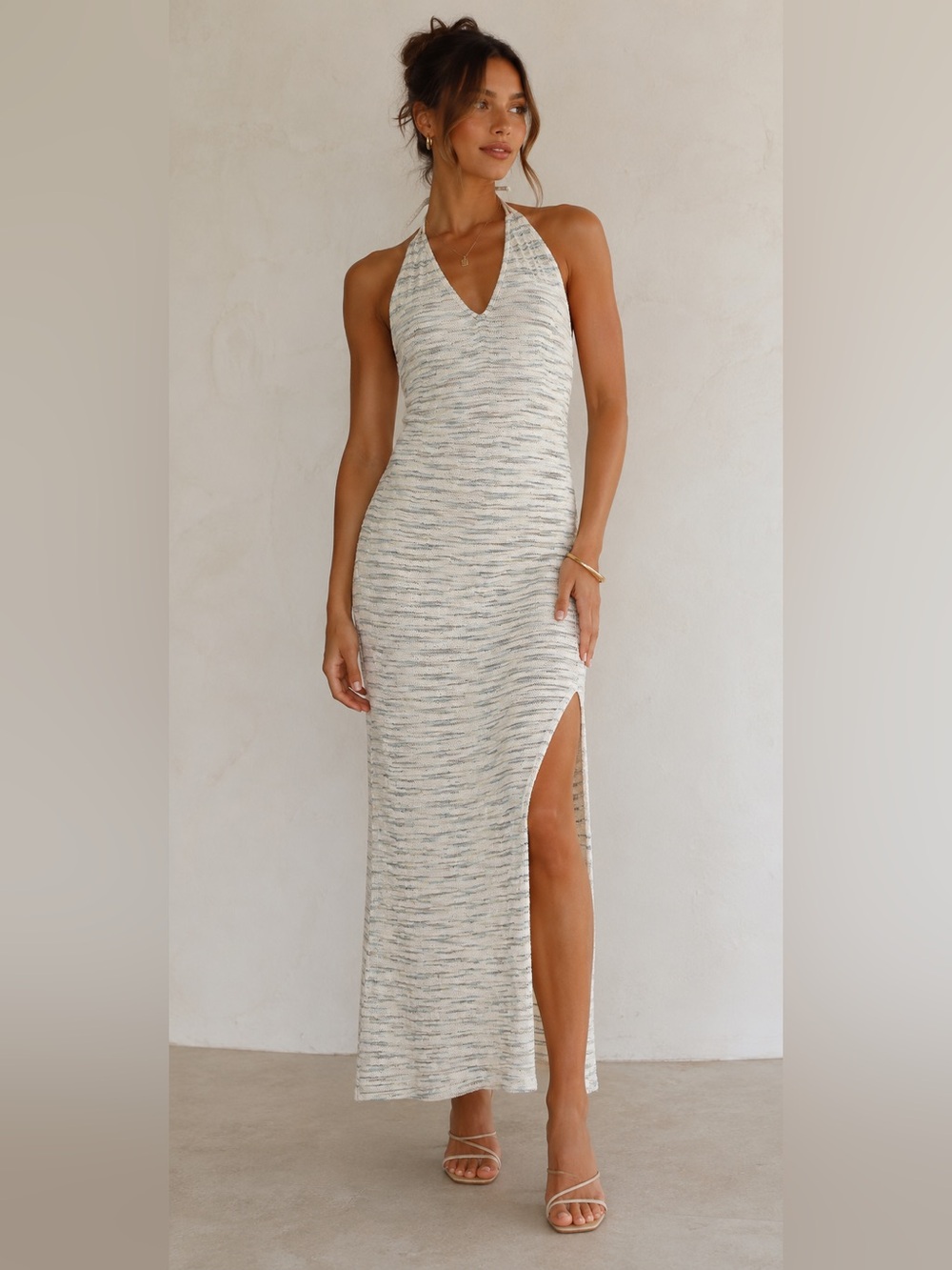 PrettyLittleThing Halter Maxi Dress in Cream and Light Gray Marle